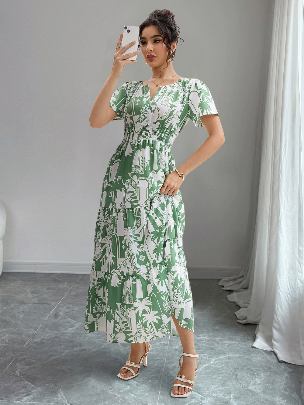 ZARA Summer Short Puff Sleeve V Neck Waist Slimming Resort Dress